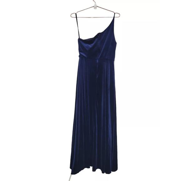 NWT After Six One Shoulder Spaghetti Strap Lux Velvet Maxi Dress Pockets 16 Blue - Picture 15 of 15